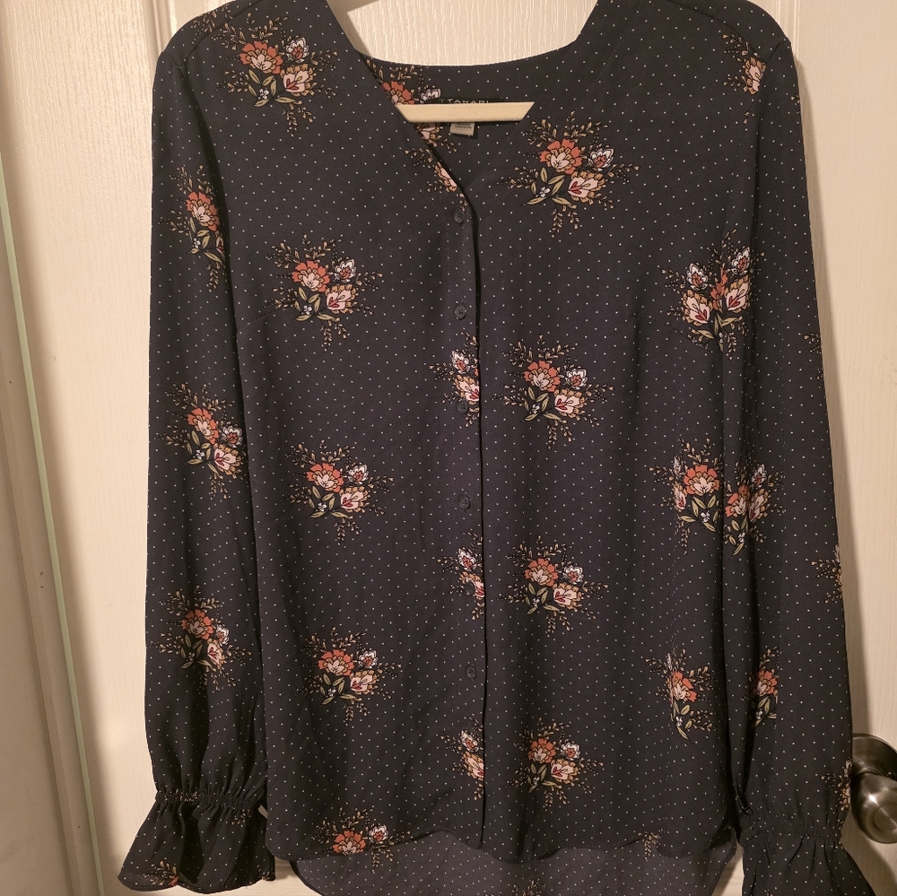 Tahari Black Floral Blouse with White Dots